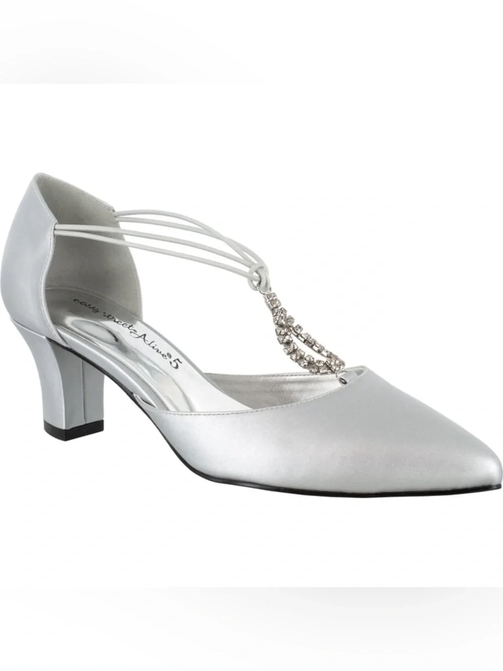 NIB Easy Street Alive@5 Moonlight Rhinestone Silver Satin Pumps Heels - Size 8M